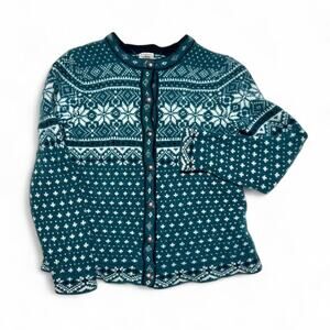 L.L. Bean Green Fair Isle Snowflake Lambswool Knit Sweater Cardigan Small